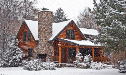 Cozy log cabin style suburban home with a stone chimney and snow gently falling.