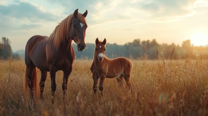 Obraz premium A serene scene of a horse and its foal standing in a sunlit field.