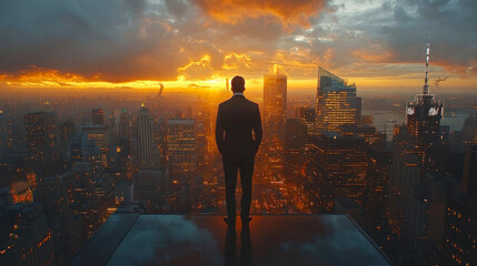 Fototapeta premium Silhouetted businessman in suit overlooking a city skyline at sunset, vibrant colors reflecting off a rooftop terrace