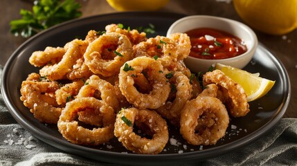 A tempting plate of crispy calamari rings served with marinara sauce and lemon wedges, Calamari plate centered, Warm diffused lighting accentuating the crunch
