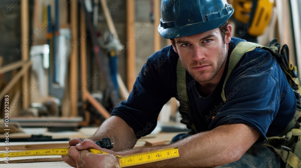 Poster a close-up of a construction worker in a dark blue hard hat and work overalls, measuring materials w