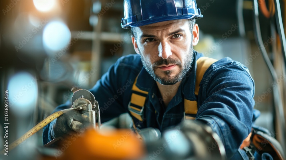 Poster a close-up of a construction worker in a dark blue hard hat and work overalls, measuring materials w