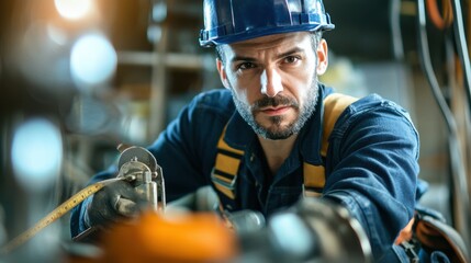 A close-up of a construction worker in a dark blue hard hat and work overalls, measuring materials with a tape measure and looking at the camera, with a backdrop of construction tools and materials