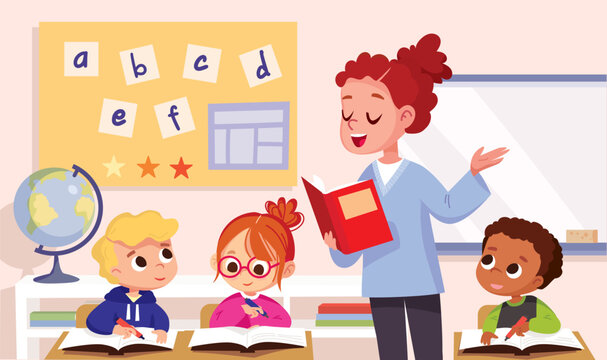 Classroom with pupils and teacher. Teacher with pupils in a classroom. Teacher explaining lesson, introducing the subject to kids. Primary school kids. Children listen to teacher. Primary school kids.