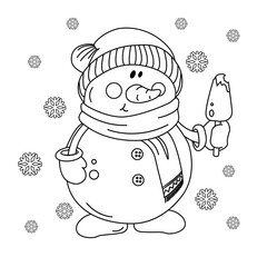 Outline snowman with ice cream. Winter coloring book page