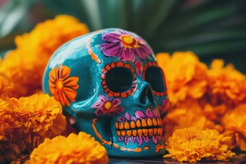 A sugar skull with vibrant colors and marigold decorations.