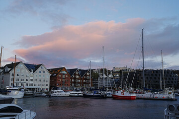 Tromso, Norway. Aerial view of the city of Tromso harbor area with houses and hotels, a tourist destination for viewing the Northern Lights.
