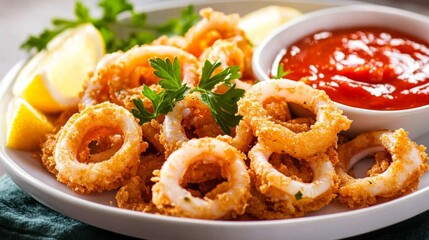 A tempting plate of crispy calamari served with marinara sauce and lemon wedges, Calamari arranged in a circular pattern, Soft golden light for a seaside ambiance