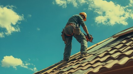 Worker installing roofing materials under a clear blue sky.