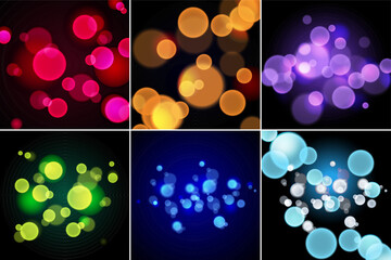 A set of backgrounds with colorful bokeh lights on a dark base