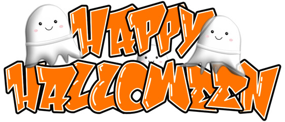 Happy Halloween with spiderweb, pumpkin and ghost - Graffiti Styled Street Art Cool Font, Fully editable. Color:, orang, Yellow, black	
