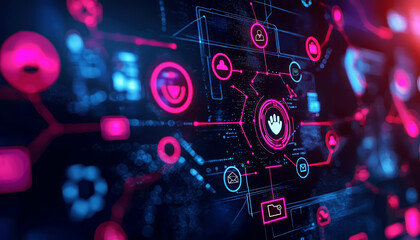 Obraz premium A cyber attack in progress with red warning icons and error messages popping up on a digital interface filled with encrypted data.