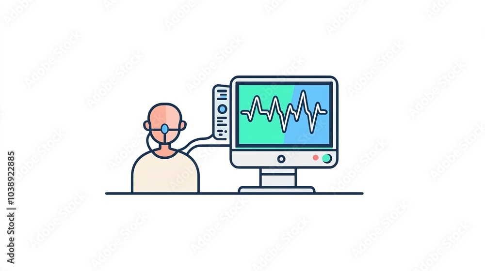 Poster a person with a headset monitors health data on a computer screen displaying a waveform.