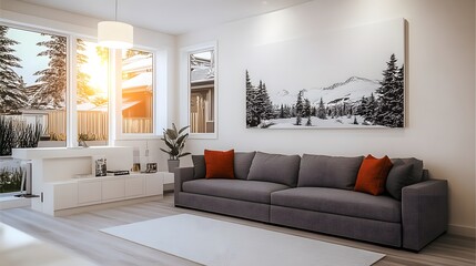 Obraz premium Scandinavian dark orange minimal bedroom with a frame mockup (dark black background) 