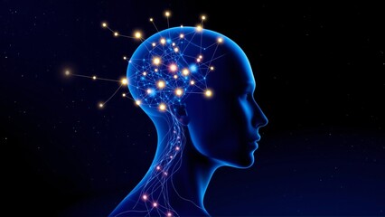 Human Head Neck Blue Profile Technology Glow AI Lines Dots On Black Cosmic Background