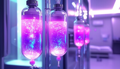 A futuristic clinic where patients receive IV vitamin therapy, with high-tech IV bags glowing with colorful nutrient solutions.