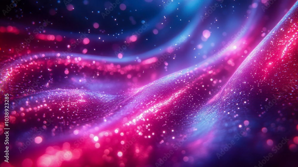 Poster a colorful wave of glowing particles and lights in a fluid, abstract motion, evoking a futuristic an
