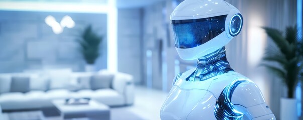 A futuristic robot maid cleaning a sleek modern living room in a luxury home, with its glowing uniform and elegant movements blending perfectly with the chic interior.