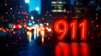 Emergency 911 Sign with City Lights: Conceptual Image Representing Urgency and Safety with Night Cityscape in Background
