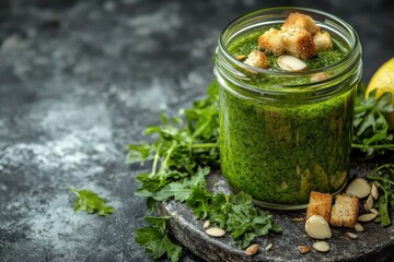 Young shoot nettle soup in a jar with garlic almonds lemon juice oil and croutons Space for text High quality image