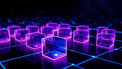 Obraz premium Digital Grid Interconnected Purple Blue Neon Cubes Technology Data Connectivity