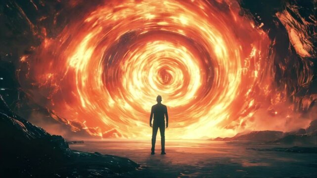 Back view of a man standing in front of huge swirling portal to another dimension. Fantasy parallel world travel concept 