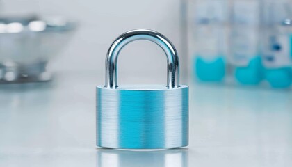 Fototapeta premium A padlock placed in front of a doctor's desk with medical reports, representing the secure handling of physical and digital patient information.
