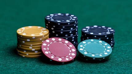 Poker chips colorful gaming pieces lie on the game table in the stack. Background for gambling, casino, business, poker. Colorful casino chips for casino game on the table. Soft focus