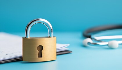 Naklejka premium A padlock placed in front of a doctor's desk with medical reports, representing the secure handling of physical and digital patient information.