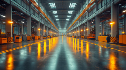 Fototapeta premium Large, clean industrial warehouse interior with bright lighting and polished floors. Modern logistics and storage facility