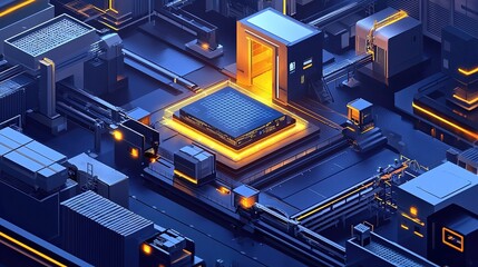 A vibrant, futuristic digital landscape featuring a central processor surrounded by intricate circuitry and glowing elements.