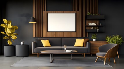 a minimalist design of a condo wall with a blank framed canvas hanging on the wall