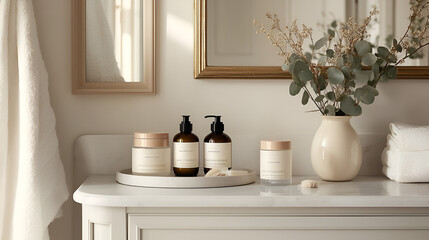 White bathroom countertop with gold-framed mirror, a minimalist jewelry tray, neatly arranged skincare products in glass bottles with beige labels, and a simple vase with fresh eucalyptus sprigs, natu