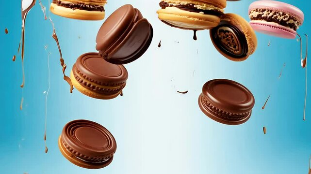 artistic 4K animation levitating chocolate French macarons surrounded pieces drizzled syrup set blue background delightful presentation macaroon levitation cake dessert vertical video footage poster