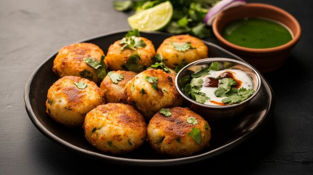 A tempting plate of Indian aloo tikki, spiced potato patties served with tamarind chutney and mint sauce, Aloo tikki plate centered