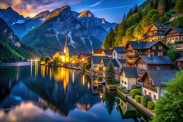 Fototapeta premium Lakeside village under a star-studded sky, water mirroring its beauty.