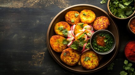 A tempting plate of Indian aloo tikki, spiced potato patties served with tamarind chutney and mint sauce, Aloo tikki plate centered