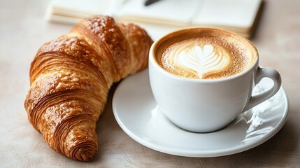   A cup of cappuccino and a croissant on a plate with a book in the foreground