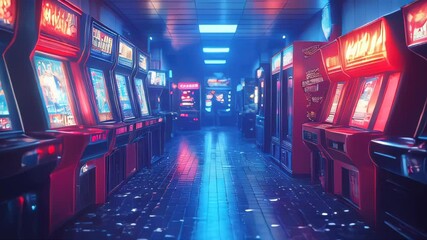 Retro arcade hall with neon lights illuminating rows of vintage video game machines. Nostalgic gaming ambiance in a dimly lit environment