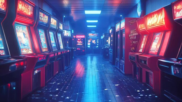 Retro arcade hall with neon lights illuminating rows of vintage video game machines. Nostalgic gaming ambiance in a dimly lit environment