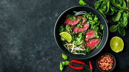   A bowl brimming with meat & veggies sits beside a small pepper & lime bowl