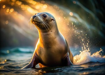 Low-light photography illuminates the majestic presence of sea lions in mesmerizing underwater scenes.