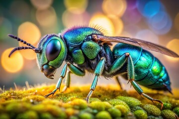 Fototapeta premium Macro photography unveils the captivating beauty of the emerald-green Chrysis chrysoprasina cuckoo wasp.