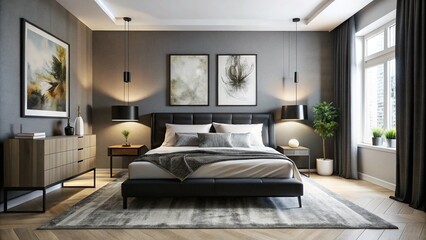 Fototapeta premium Minimalist design meets artistic expression: a monochrome bedroom with abstract art.