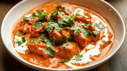 A tempting plate of Indian butter chicken, tender chicken simmered in a rich tomato and butter sauce, Butter chicken plate centered
