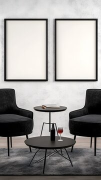 Mockup empty, blank straight modern thin black picture frame with shadowgap and with 3:4 aspect-ratio in the center, hanging on a white wall