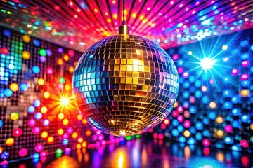 Obraz premium Nighttime photography: Disco ball and neon lights ignite the lens.