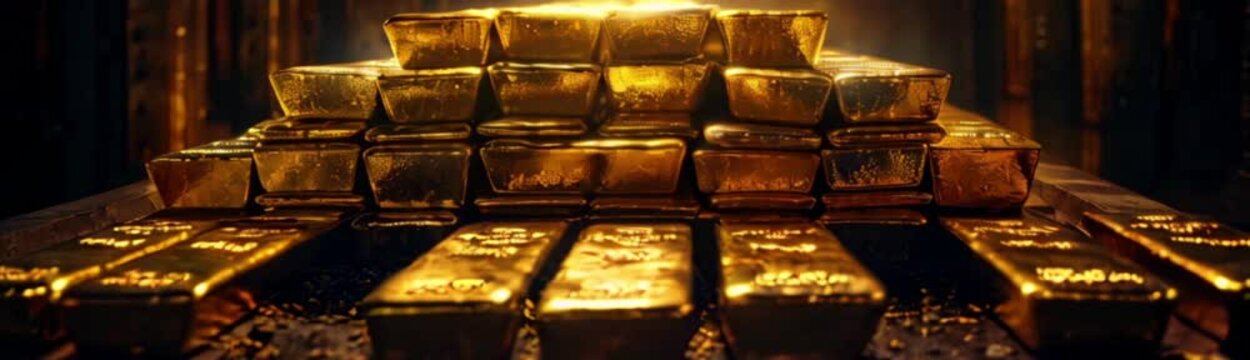 Stack of gold bars in the bank volt. Financial economy banking concept. Glittering golden precious metal