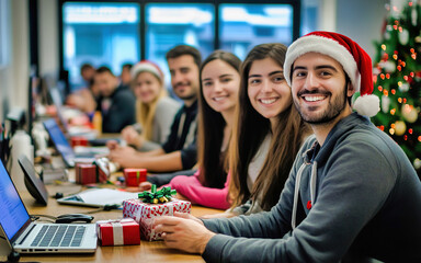 Naklejka premium Colleagues enjoy a cheerful Christmas celebration at work.