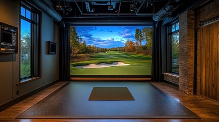 Modern indoor golf simulator room with a large screen displaying a golf course 